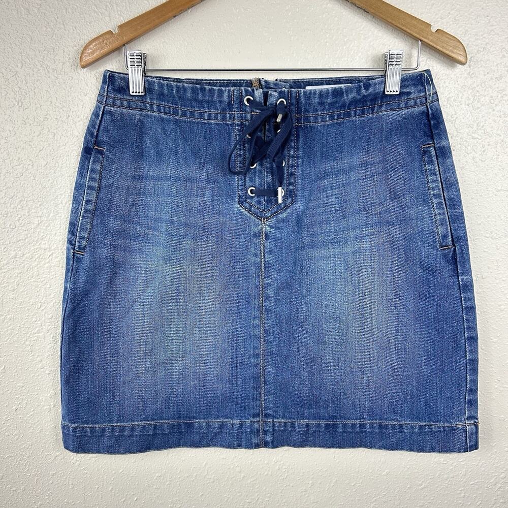 Denim Skirt Tie Front LOFT Solid Blue Dark Wash With Pockets Womens 6 Mid Thigh